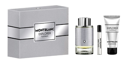 Set Montblanc: Explorer Platinum, Apa de parfum, Barbati, 100 ml + Explorer Platinum, Apa de parfum, Barbati, 7.5 ml + Explorer Platinum, Cleansing, Shower Gel, For All Skin Types, 100 ml