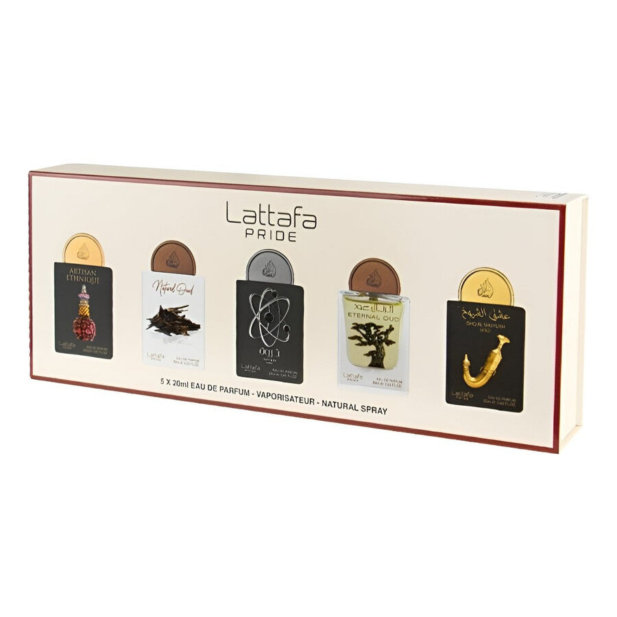 Set Lattafa: Artisan Ethnique, Eau De Parfum, For Femei, 20 ml + Natural Oud, Eau De Parfum, For Femei, 20 ml + Tharwah Silver, Eau De Parfum, For Femei, 20 ml + Eternal Oud, Eau De Parfum, For Femei, 20 ml + Shuyukh Gold, Eau De Parfum, For Femei, 20 ml