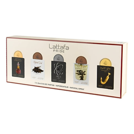 Set Lattafa: Artisan Ethnique, Eau De Parfum, For Femei, 20 ml + Natural Oud, Eau De Parfum, For Femei, 20 ml + Tharwah Silver, Eau De Parfum, For Femei, 20 ml + Eternal Oud, Eau De Parfum, For Femei, 20 ml + Shuyukh Gold, Eau De Parfum, For Femei, 20 ml