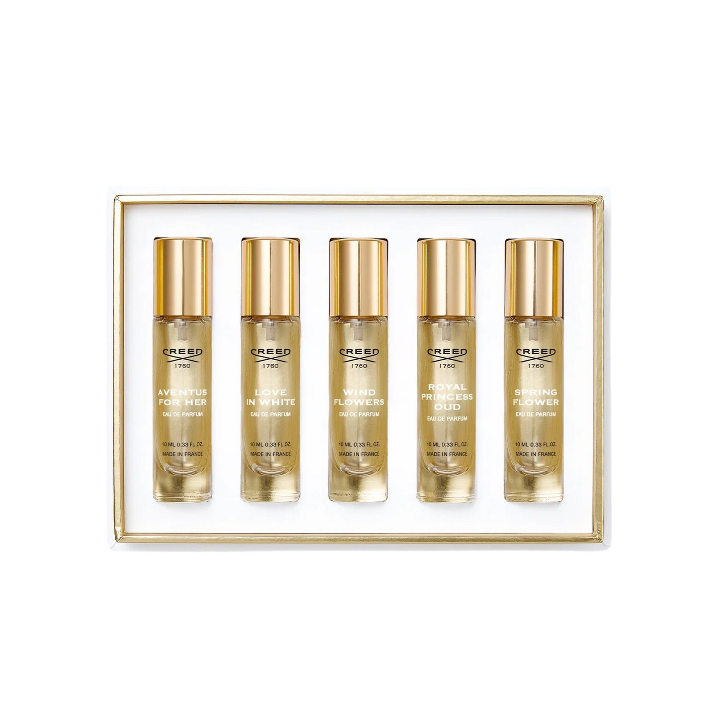 Set Creed: Aventus, Eau De Parfum, For Femei, 10 ml + Love in White, Eau De Parfum, For Femei, 10 ml + Wind Flowers, Eau De Parfum, For Femei, 10 ml + Royal Princess Oud, Eau De Parfum, For Femei, 10 ml + Spring Flower, Eau De Parfum, For Femei, 10 ml