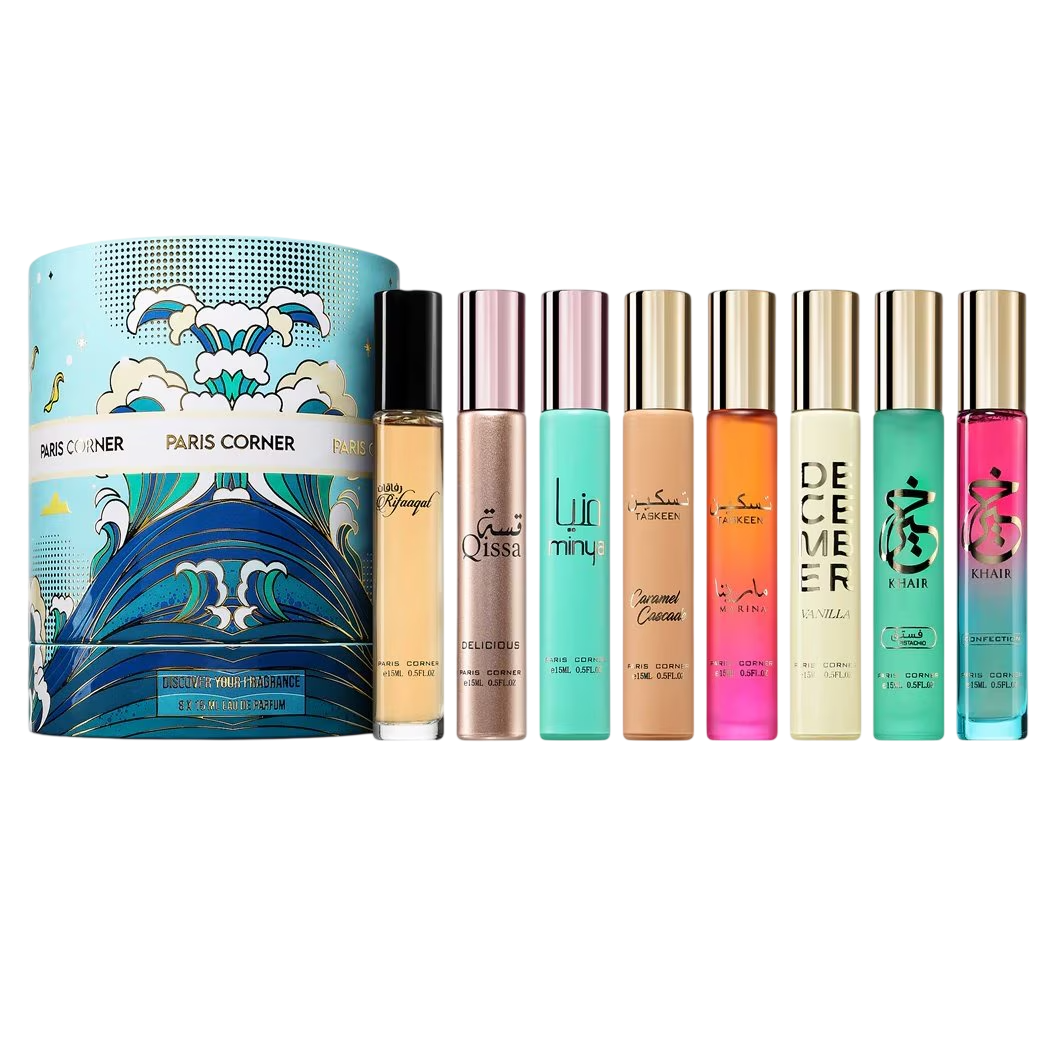 Set Paris Corner: Taskeen Marina, Apa de parfum, Unisex, 15 ml + Taskeen Caramel Cascade, Apa de parfum, Unisex, 15 ml + December Vanilla, Apa de parfum, Unisex, 15 ml + Khair Confection, Apa de parfum, Unisex, 15 ml + Khair Pistachio, Apa de parfum, U...