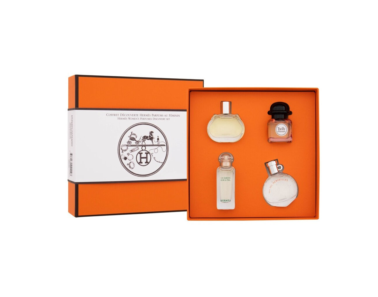 Set Hermes: Eau des Merveilles, Eau De Toilette, For Women, 7.5 ml *Miniature + Twilly d'Hermes, Eau De Parfum, For Women, 7.5 ml *Miniature + Un Jardin Sur Le Nil, Eau De Toilette, Unisex, 7.5 ml *Miniature + Barenia, Eau De Parfum, For Women, 7.5 ml ...