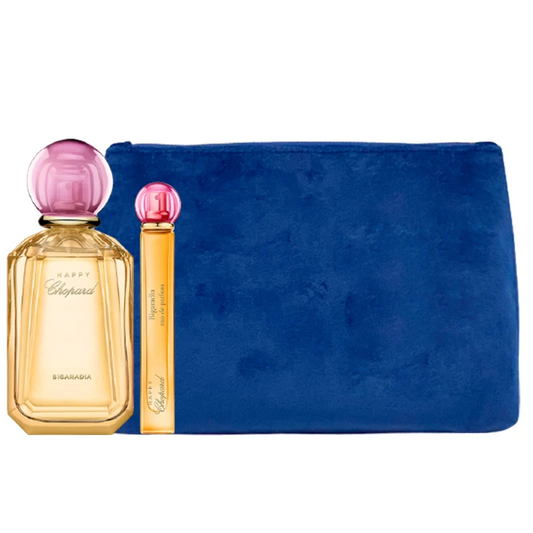Luxury Naturals Perfumery Set Chopard: Happy Bigaradia, Apa De Parfum, Femei, 100 ml + Happy Bigaradia, Eau De Parfum, For Women, 10 ml + Chopard, Synthetic Leather, Textile Bag, Trouse Pouche, Blue, Femei, 2.4 x 9 x 6.2 cm