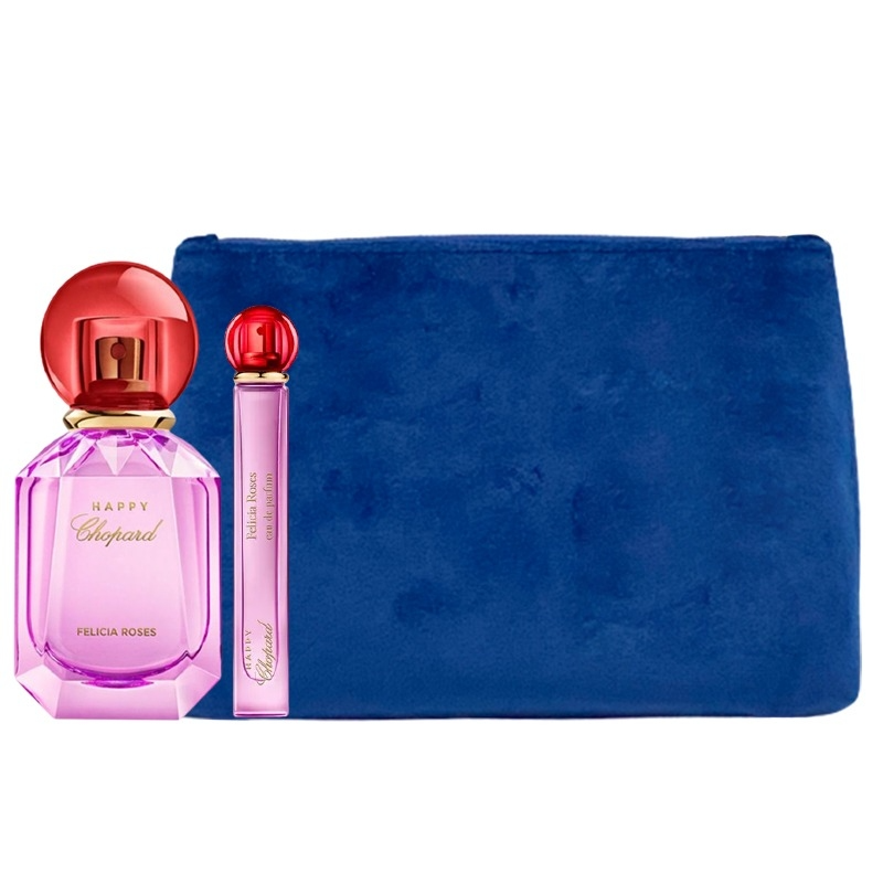 Luxury Naturals Perfumery Set Chopard: Happy Felicia Roses, Apa De Parfum, Femei, 100 ml + Happy Felicia Roses, Eau De Parfum, For Women, 10 ml + Chopard, Synthetic Leather, Textile Bag, Trouse Pouche, Blue, For Women, 2.4 x 9 x 6.2 cm