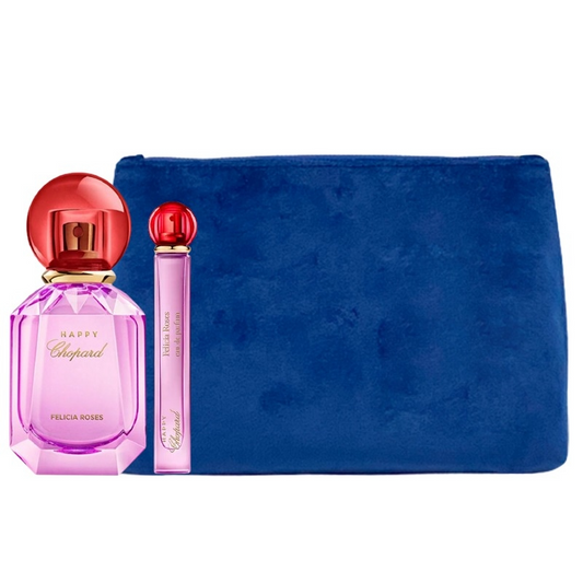 Luxury Naturals Perfumery Set Chopard: Happy Felicia Roses, Apa De Parfum, Femei, 100 ml + Happy Felicia Roses, Eau De Parfum, For Women, 10 ml + Chopard, Synthetic Leather, Textile Bag, Trouse Pouche, Blue, For Women, 2.4 x 9 x 6.2 cm