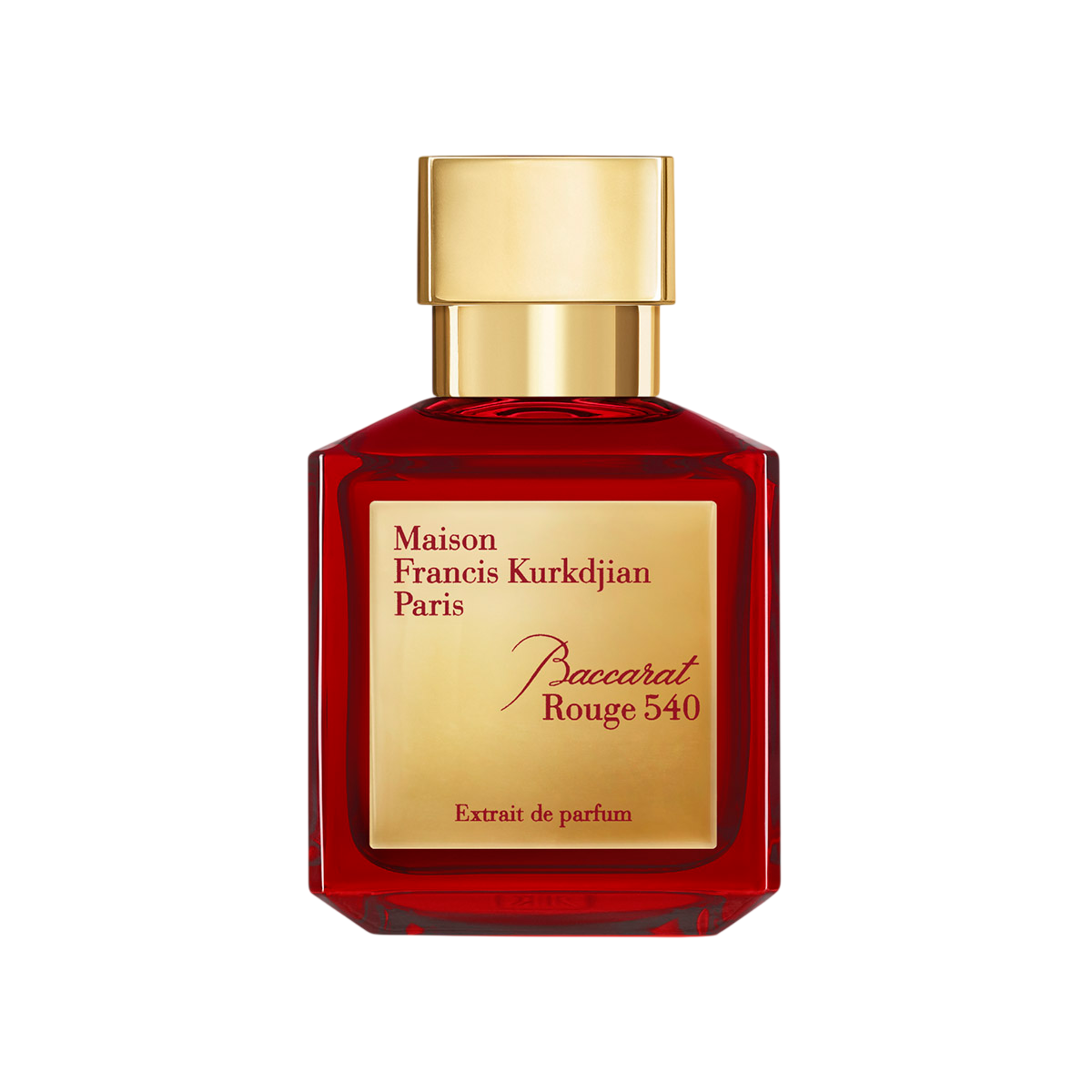 Flacon roșu Baccarat Rouge 540 Extrait de Parfum Maison Francis Kurkdjian 70 ml, cu etichetă și capac aurii