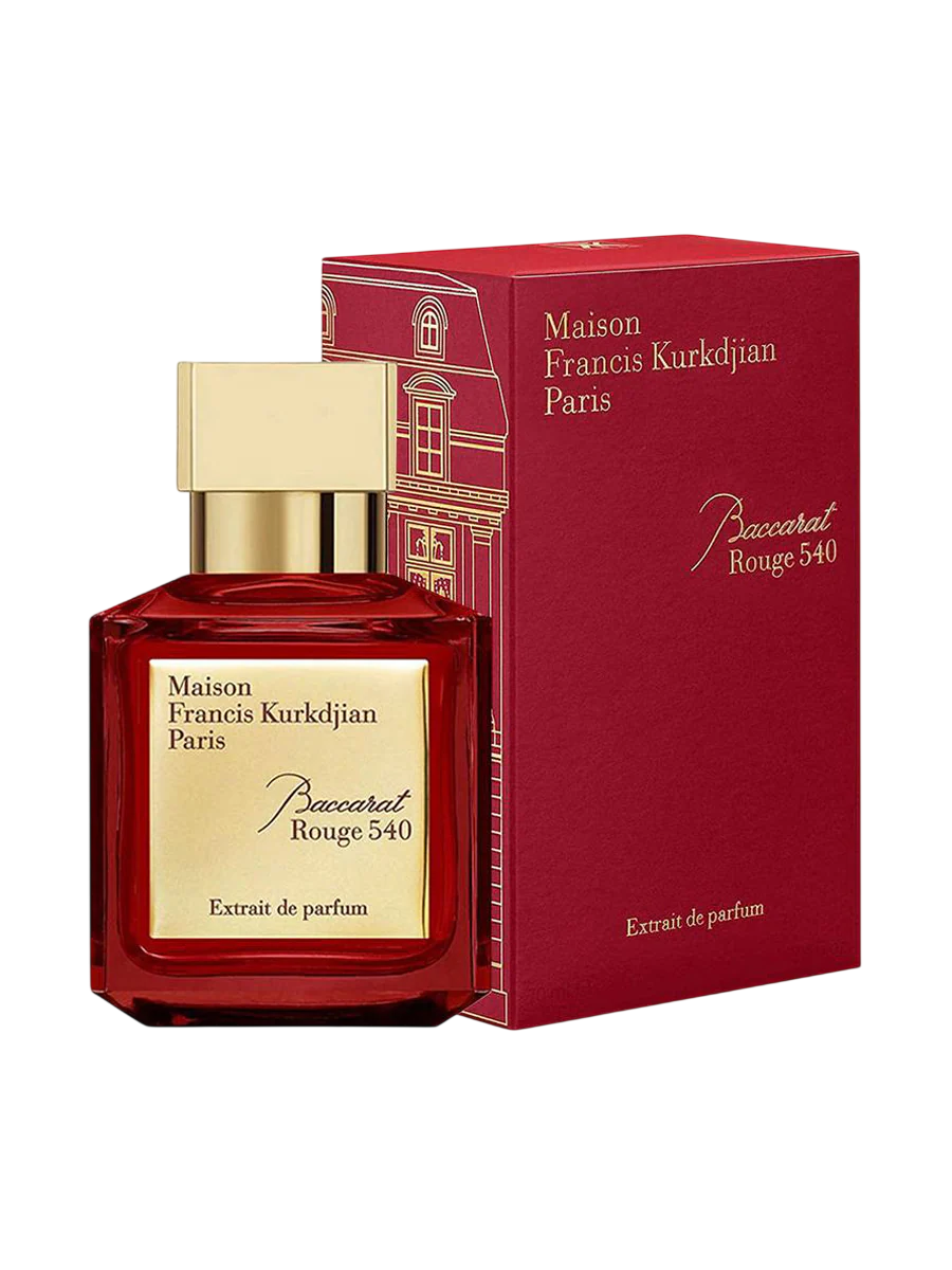 Flaconul roșu și cutia de prezentare Baccarat Rouge 540 Extrait de Parfum Maison Francis Kurkdjian, 70 ml