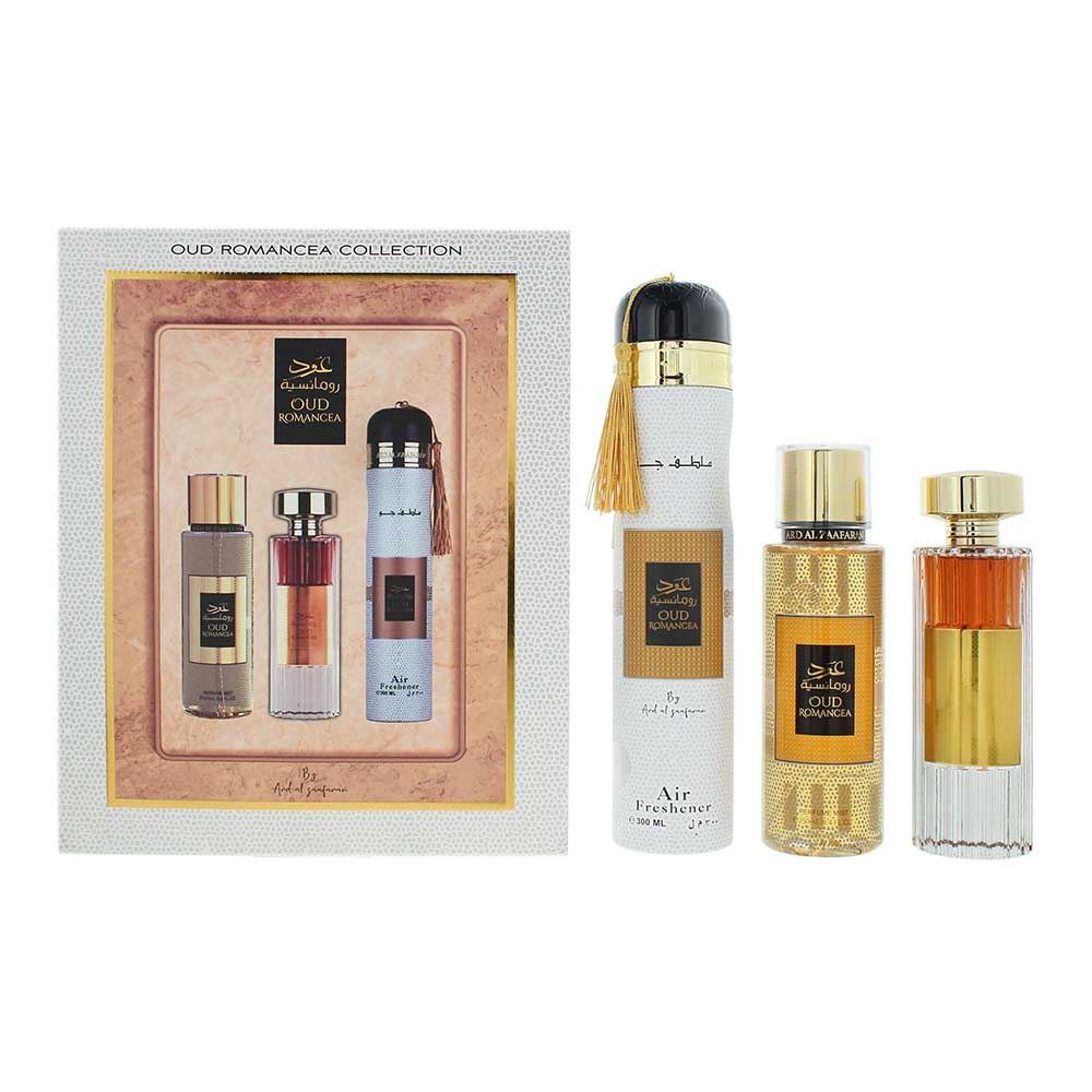 Set Ard Al Zaafaran: Oud Romancea, Apa de parfum, Femei, 100 ml + Oud Romancea, Scented Spray, Femei, 250 ml + Oud Romancea, Amber, Room Air Freshener, 300 ml