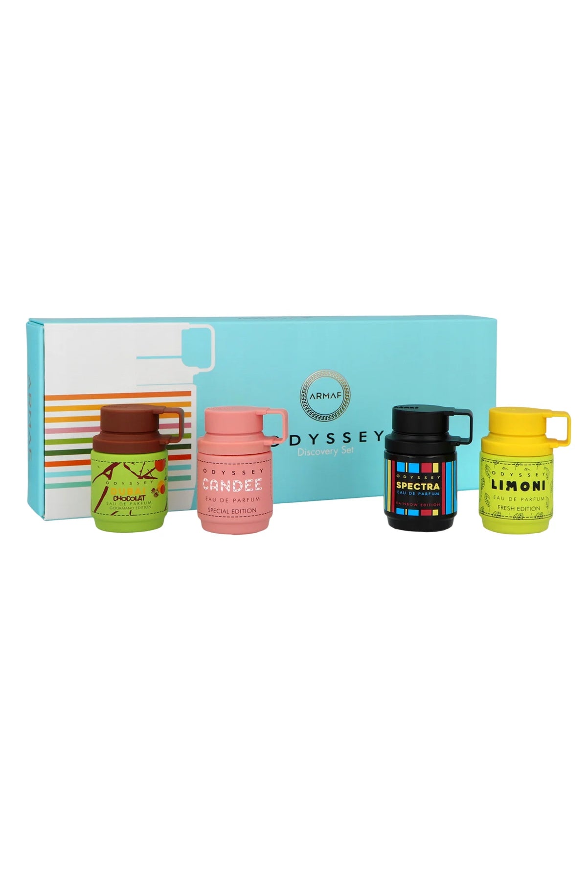 Set Armaf: Odyssey Limoni Fresh, Eau De Parfum, Unisex, 12 ml + Odyssey Spectra Rainbow Edition, Eau De Parfum, Unisex, 12 ml + Odyssey Candee, Eau De Parfum, For Femei, 12 ml + Odyssey Dubai Chocolat, Eau De Parfum, Unisex, 12 ml