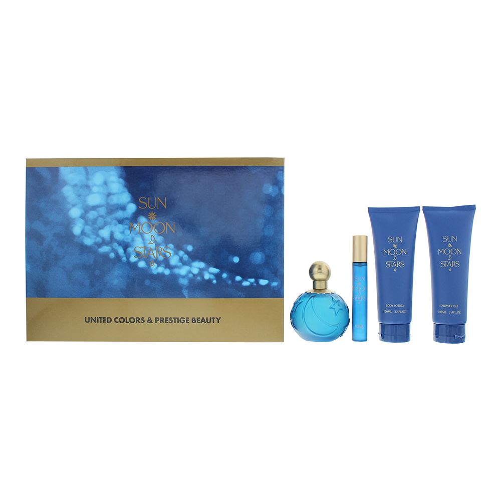 Set Benetton: Sun Moon Stars, Eau De Toilette, For Femei, 100 ml + Sun Moon Stars, Eau De Toilette, For Femei, 10 ml *Miniature + Sun Moon Stars, Hydrating, Body Lotion, 100 ml + Sun Moon Stars, Shower Gel, 100 ml