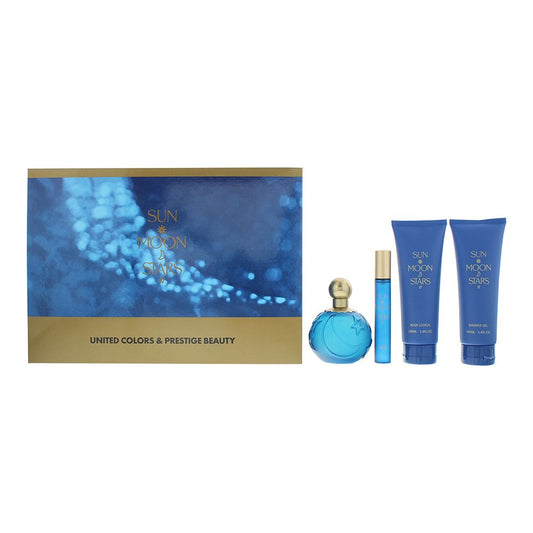 Set Benetton: Sun Moon Stars, Eau De Toilette, For Femei, 100 ml + Sun Moon Stars, Eau De Toilette, For Femei, 10 ml *Miniature + Sun Moon Stars, Hydrating, Body Lotion, 100 ml + Sun Moon Stars, Shower Gel, 100 ml
