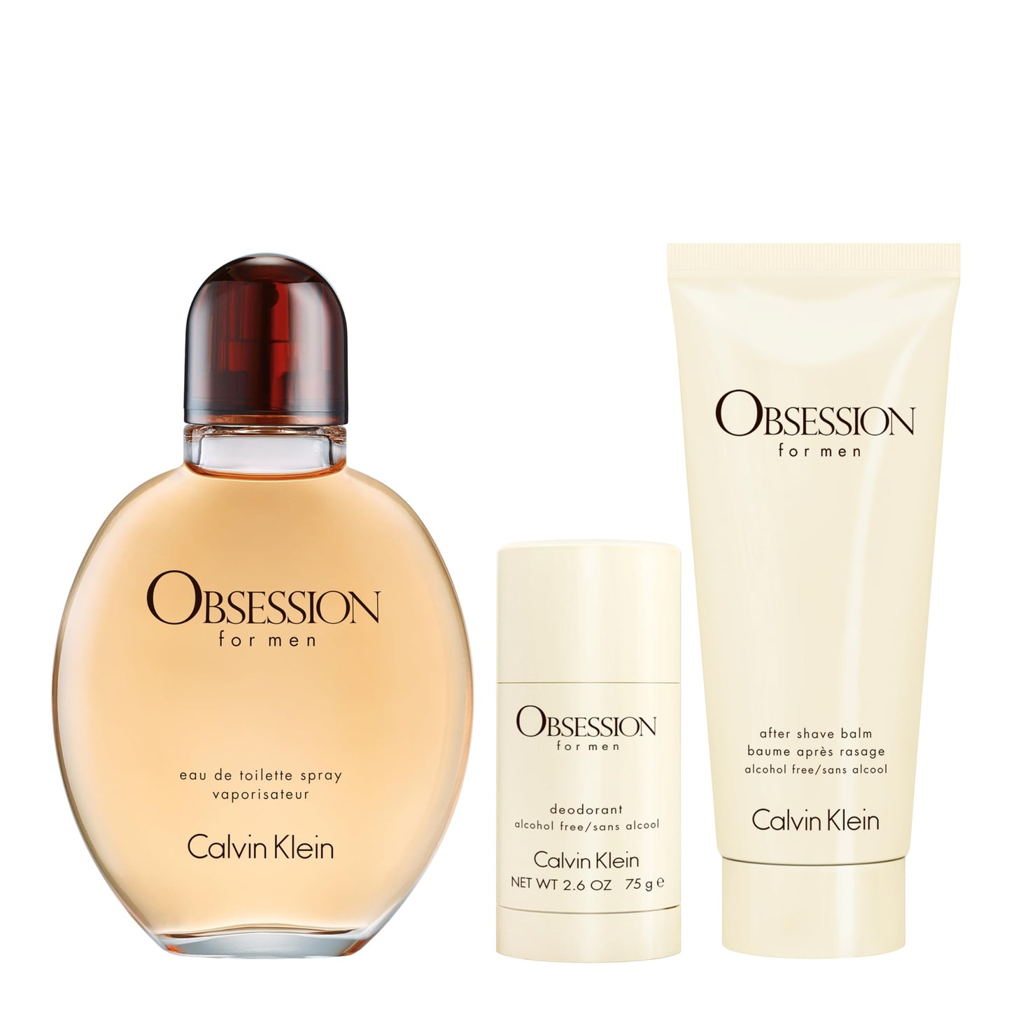 Set Calvin Klein: Obsession, Apa de toaleta, Barbati, 125 ml + Obsession, Calming, After-Shave Balm, 100 ml + Obsession, Anti-Sweat, Deodorant Stick, Barbati, 75 g