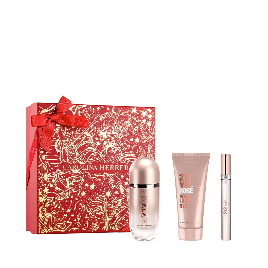 Set Carolina Herrera: 212 VIP Rose, Apa de parfum, Femei, 80 ml + 212 VIP Rose, Apa de parfum, Femei, 10 ml + 212 VIP Rose, Moisturising, Body Lotion, 100 ml