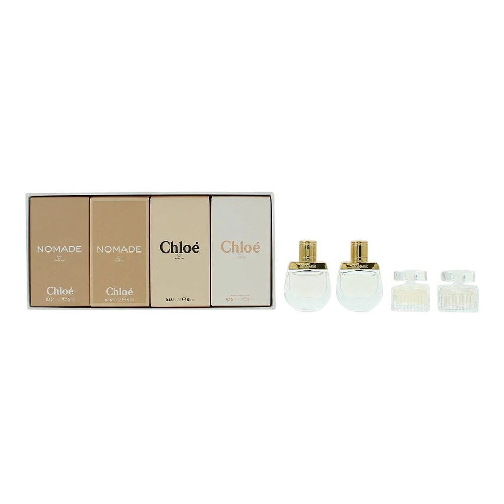 Set Chloe: Chloe, Apa de parfum, Femei, 5 ml *Miniature + Rose Tangerine, Apa de toaleta, Femei, 5 ml *Miniature + Nomade, Apa de parfum, Femei, 5 ml *Miniature + Nomade, Apa de toaleta, Femei, 5 ml *Miniature