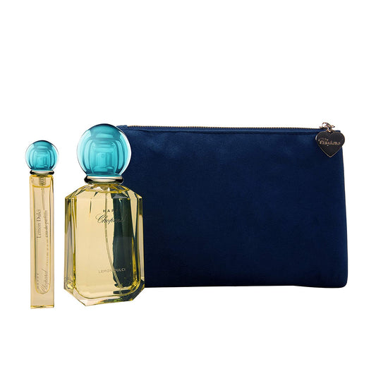 Happy Lemon Dulci Set Chopard: Happy Lemon Dulci, Apa de Parfum, Femei, 100 ml + Textile Makeup Bag, Blue + Happy Lemon Dulci, Apa de Parfum, Femei, 10 ml