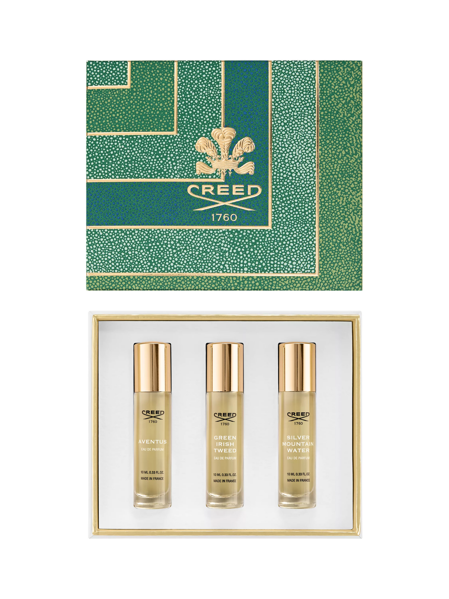 Set Creed: Aventus, Eau De Parfum, Barbati, 10 ml + Green Irish Tweed, Eau De Parfum, Barbati, 10 ml + Silver Mountain Water, Eau De Parfum, Barbati, 10 ml