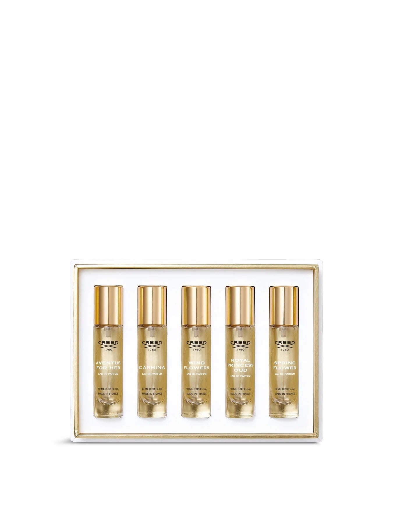 Set Creed: Wind Flowers, Eau De Parfum, For Femei, 10 ml + Royal Princess Oud, Eau De Parfum, For Femei, 10 ml + Carmina, Eau De Parfum, For Femei, 10 ml + Aventus, Eau De Parfum, For Femei, 10 ml + Spring Flower, Eau De Parfum, For Femei, 10 ml