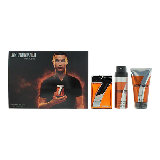 Set Cristiano Ronaldo: CR7 Fearless, Eau De Toilette, Barbati, 100 ml + CR7 Fearless, Scented Spray, Barbati, 150 ml + CR7 Fearless, Shower Gel, For All Skin Types, 150 ml