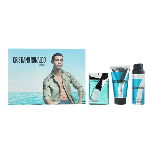 Set Cristiano Ronaldo: CR7 Origins, Eau De Toilette, Barbati, 100 ml + CR7 Game On, Shower Gel, For All Skin Types, 150 ml + CR7 Origins, Refreshing, Deodorant Spray, Barbati, 150 ml