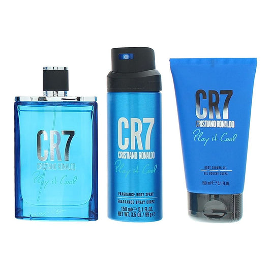 Set Cristiano Ronaldo: CR7 Play It Cool, Eau De Toilette, Barbati, 100 ml + CR7 Play It Cool, Scented Spray, Barbati, 150 ml + CR7 Play It Cool, Cleansing, Shower Gel, For All Skin Types, 150 ml