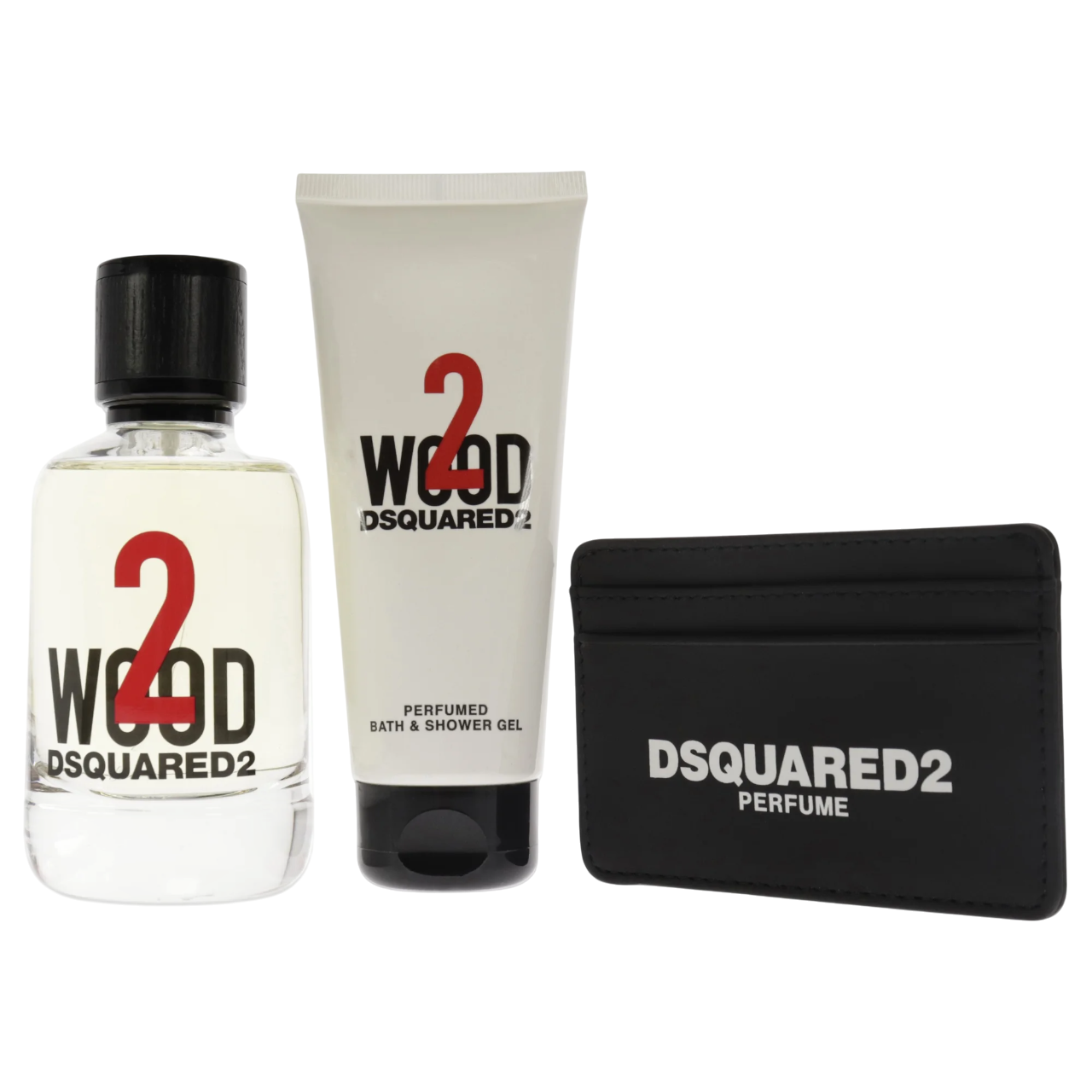 Set Dsquared 2: Dsquared, Leather Card Holder, Black, Barbati + 2 Wood, Eau De Toilette, Unisex, 100 ml + 2 Wood, Shower Gel, 100 ml