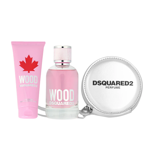 Set Dsquared 2: Wood, Eau De Toilette, For Femei, 100 ml + Wood, Shower Gel, 100 ml + Dsquared, GWP Textile Pouch, Silver