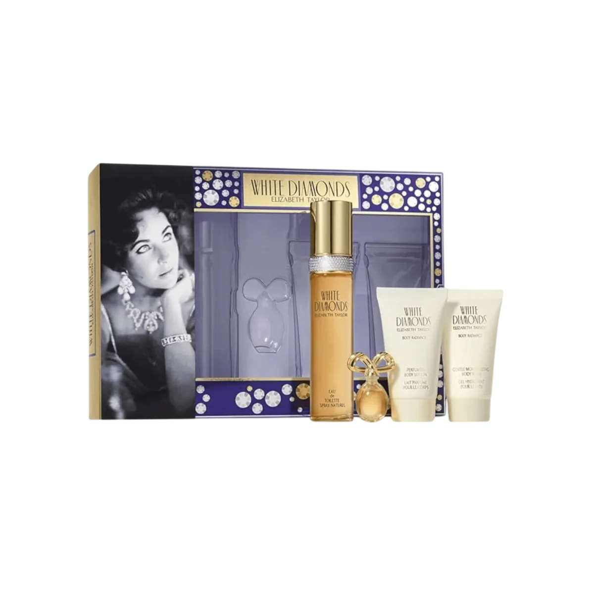 Set Elizabeth Taylor: White Diamonds, Apa de toaleta, Femei, 50 ml + White Diamonds, Parfum, Femei, 3.7 ml *Miniature + White Diamonds, Hydrating, Body Lotion, 50 ml + White Diamonds, Body Wash, 50 ml