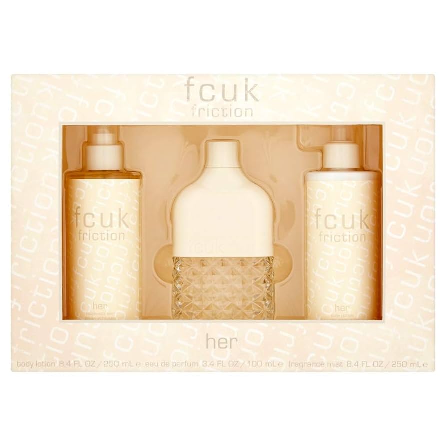 Set Fcuk: Friction, Apa de parfum, Femei, 100 ml + Friction, Hydrates, Body Lotion, 250 ml + Friction, Scented Spray, Femei, 250 ml