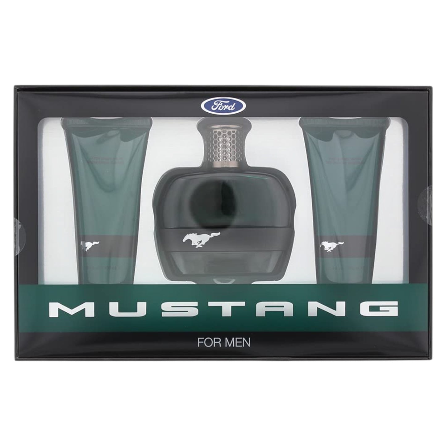 Set Ford: Mustang Green, Apa de toaleta, Barbati, 100 ml + Mustang Green, Hydrating, Shower Gel, All Skin Types, 100 ml + Mustang Green, Hydrating, After-Shave Balm, 100 ml