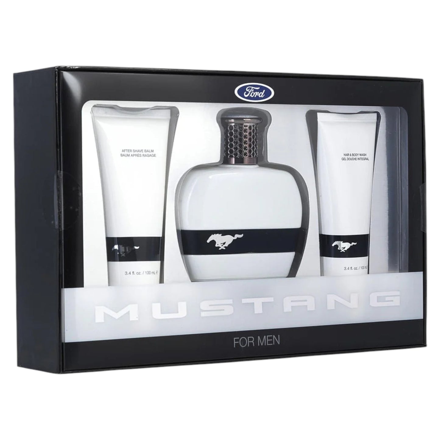 Set Ford: Mustang White, Apa de toaleta, Barbati, 100 ml + Mustang White, After-Shave Balm, 100 ml + Mustang White, Body Wash, For Hair & Body, 100 ml