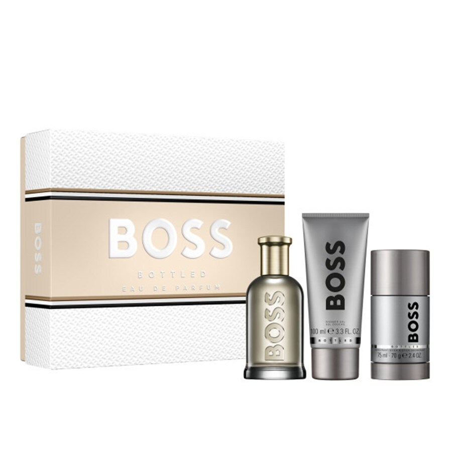 Set Hugo Boss: Boss Bottled, Apa de Parfum, Barbati, 100 ml + Boss Bottled, Deodorant Spray, Barbati, 150 ml + Boss Bottled, Sandalwood, Cider and Vetiver, Deodorant Stick, Barbati, 75 ml