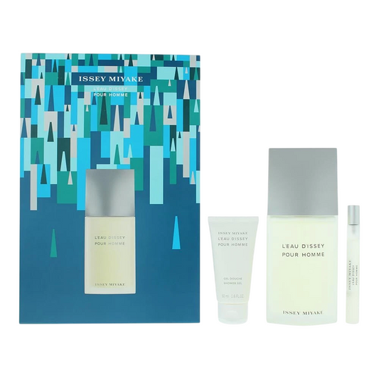 Set Issey Miyake: L'Eau D'Issey Pour Homme, Apa de toaleta, Barbati, 125 ml + L'Eau d'Issey, Moisturizing, Shower Gel, For All Skin Types, 50 ml + L'Eau d'Issey, Apa de toaleta, Femei, 10 ml