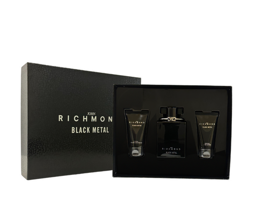 Set John Richmond: Black Metal, Natural, Cleansing, Shower Gel, 50 ml + Black Metal, Body Lotion, 50 ml + Black Metal, Apa de parfum, Barbati, 100 ml