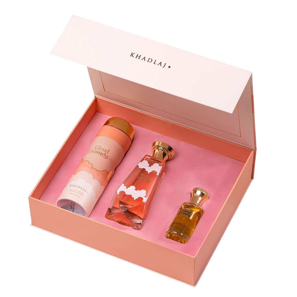 Set Khadlaj: Cloud Candy, Extrait De Parfum, Unisex, 100 ml + Cloud Candy, Deodorant Spray, Femei, 200 ml + Cloud Candy, Perfume Oil, Unisex, 25 ml