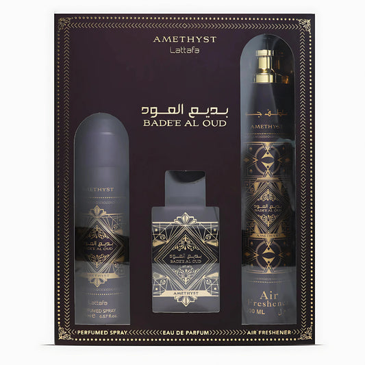 Set Lattafa: Bade'e al Oud Amethyst, Eau De Parfum, Barbati, 100 ml + Bade'e al Oud Amethyst, Body Spray, 200 ml + Bade'e al Oud Amethyst, Room Spray, 300 ml