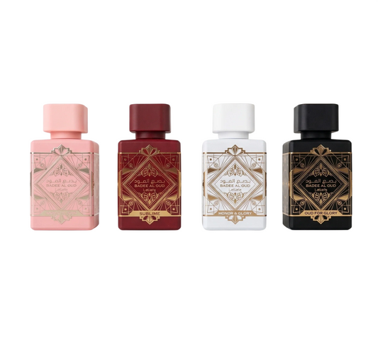 Set Lattafa: Bade'e Al Oud Oud For Glory, Eau De Parfum, Unisex, 25 ml + Bade'e Al Oud Honor & Glory, Eau De Parfum, Unisex, 25 ml + Bade'e Al Oud Sublime, Eau De Parfum, Unisex, 25 ml + Bade'e Al Oud Noble Blush, Eau De Parfum, For Femei, 25 ml