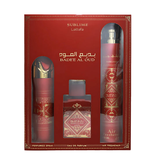 Set Lattafa: Bade'e Al Oud Sublime, Eau De Parfum, Barbati, 100 ml + Bade'e Al Oud Sublime, Scented Spray, Barbati, 200 ml + Bade'e Al Oud Sublime, Room Air Freshener, 300 ml
