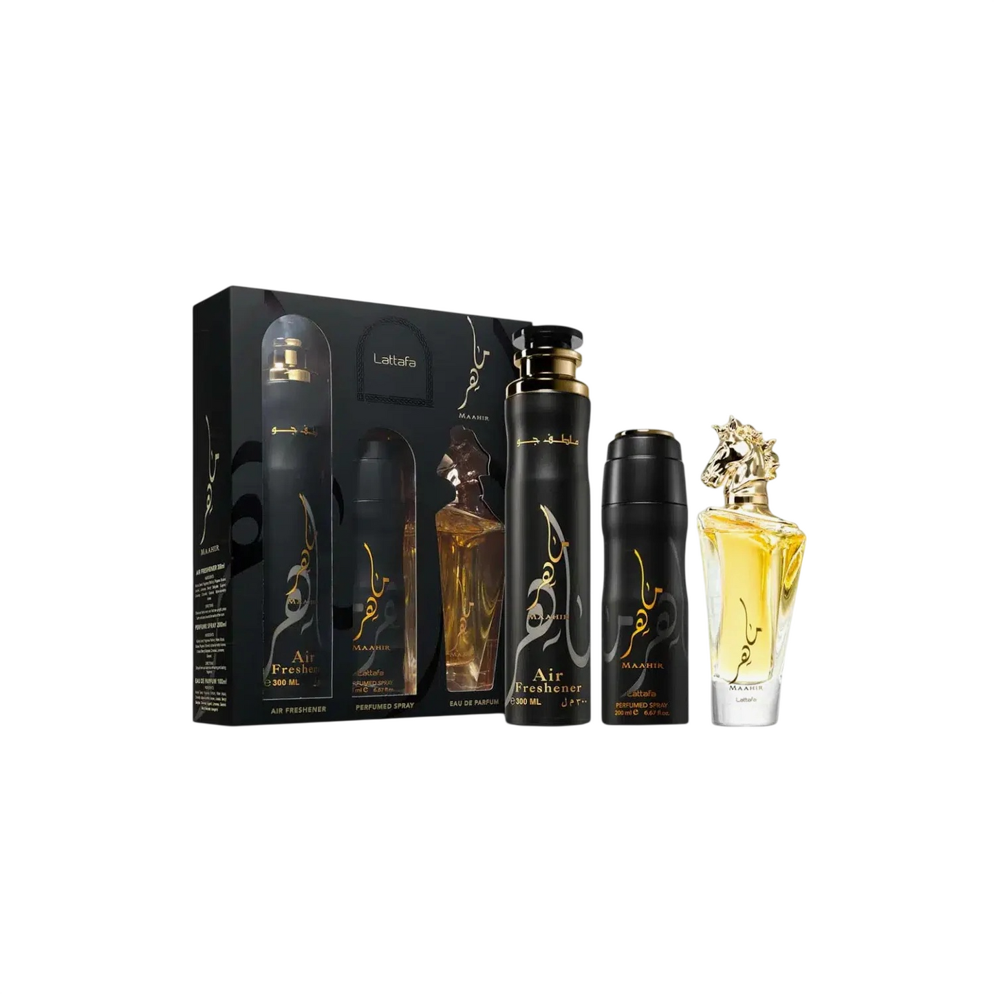 Set Lattafa: Maahir, Apa de parfum, Unisex, 100 ml + Maahir, Scented Spray, Unisex, 200 ml + Maahir, Room Spray, 300 ml