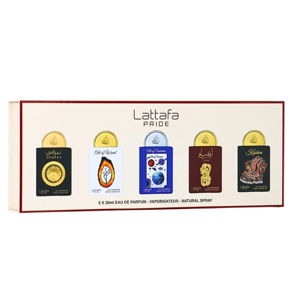 Set Lattafa: Nebras, Eau De Parfum, For Femei, 20 ml + Art Of Wood, Eau De Parfum, For Femei, 20 ml + Art Of Universe, Eau De Parfum, For Femei, 20 ml + Ansaam Gold, Eau De Parfum, For Femei, 20 ml + Kashan, Eau De Parfum, For Femei, 20 ml