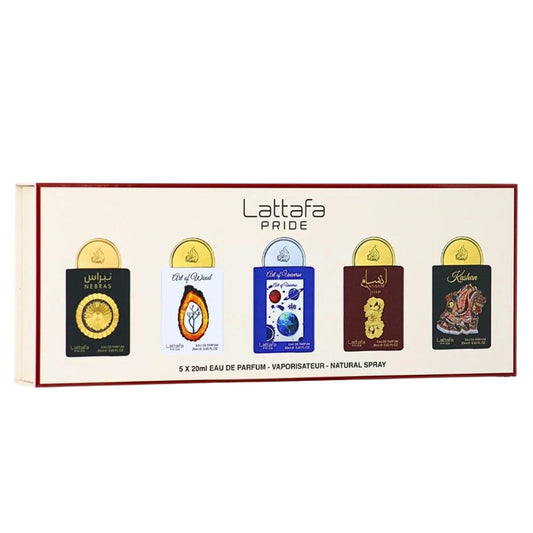Set Lattafa: Nebras, Eau De Parfum, For Femei, 20 ml + Art Of Wood, Eau De Parfum, For Femei, 20 ml + Art Of Universe, Eau De Parfum, For Femei, 20 ml + Ansaam Gold, Eau De Parfum, For Femei, 20 ml + Kashan, Eau De Parfum, For Femei, 20 ml