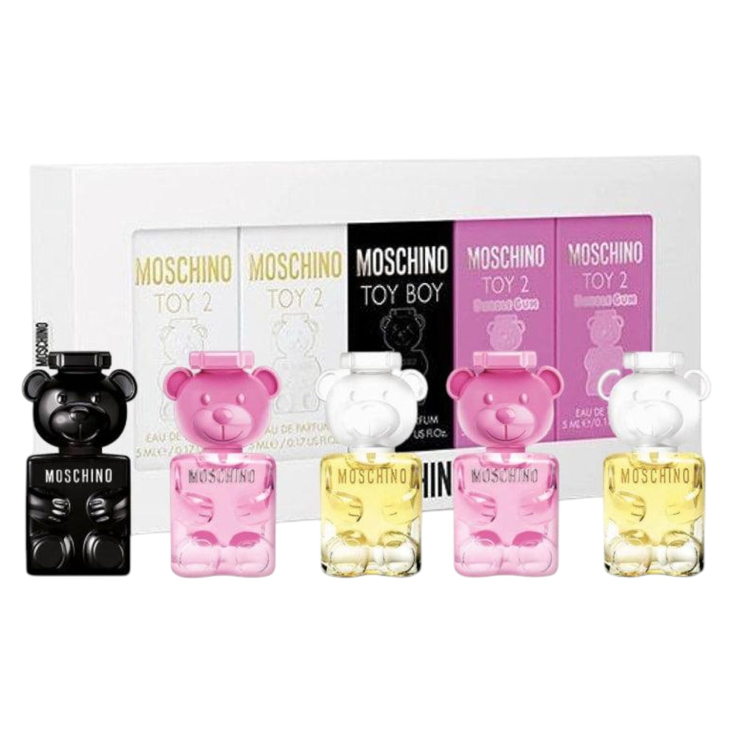Set Moschino: Toy 2 Bubble Gum, Apa de Parfum, Unisex, 2 pcs, 5 ml + Toy 2, Apa de Parfum, Unisex, 2 pcs, 5 ml + Toy Boy, Apa de Parfum, Unisex, 5 ml
