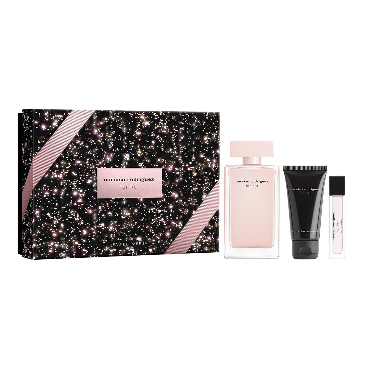 Set Narciso Rodriguez: For Her, Apa de parfum, Femei, 100 ml + For Her, Hydrating, Body Lotion, 50 ml + For Her, Apa de parfum, Femei, 10 ml