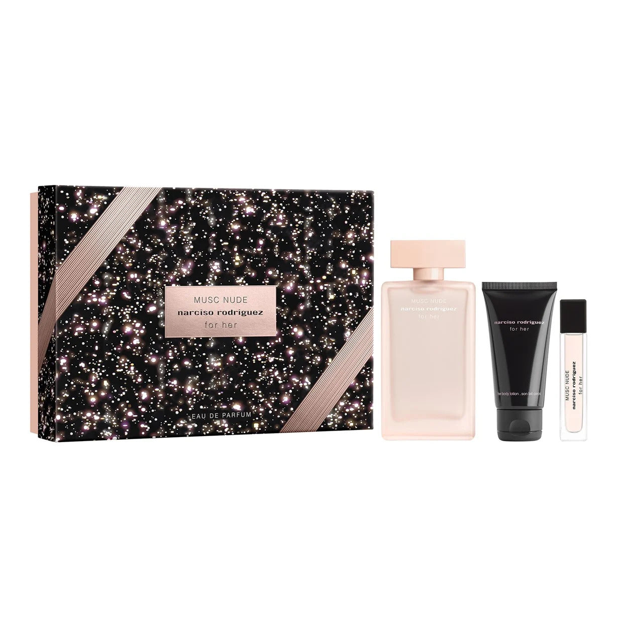 Set Narciso Rodriguez: Musc Nude, Apa de parfum, Femei, 100 ml + Musc Nude, Hydrating, Body Lotion, 50 ml + Musc Nude, Apa de parfum, Femei, 10 ml