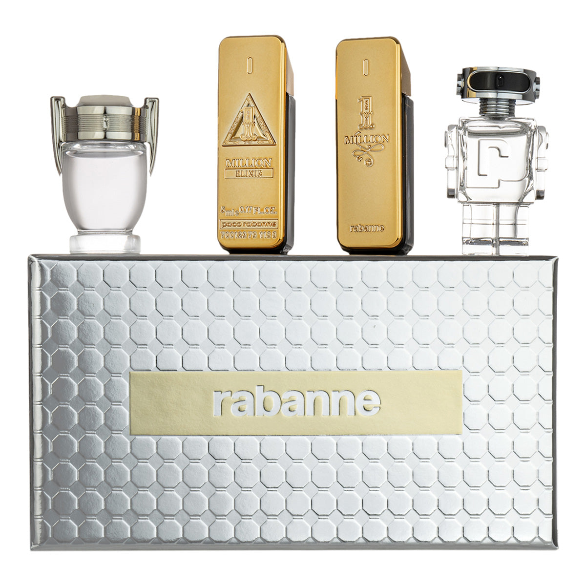 Set Paco Rabanne: 1 Million Elixir, Parfum, Barbati, 5 ml *Miniature + Phantom, Apa de toaleta, Barbati, 5 ml *Miniature + Invictus, Apa de toaleta, Barbati, 5 ml *Miniature + 1 Million, Apa de toaleta, Barbati, 5 ml *Miniature