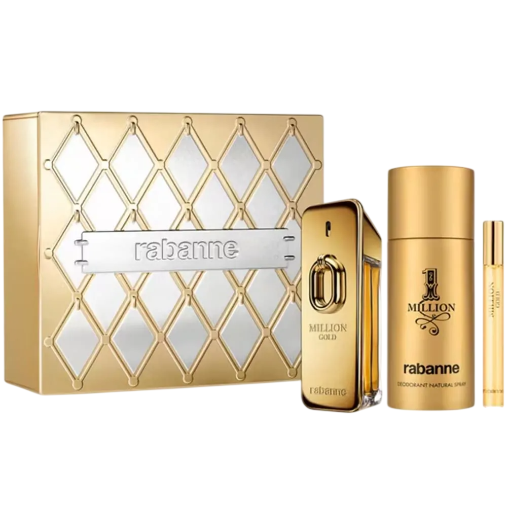 Set Paco Rabanne: Million Gold, Apa de parfum, Barbati, 100 ml + Million Gold, Apa de parfum, Barbati, 10 ml + 1 Million, Anti-Perspirant, Deodorant Spray, Barbati, 150 ml