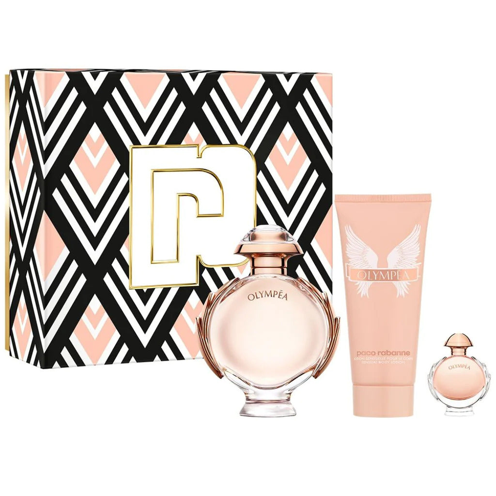 Set Paco Rabanne: Olympea, Apa de Parfum, Femei, 80 ml + Olympea, Hydrating, Body Lotion, 100 ml + Olympea, Apa de Parfum, Femei, 5 ml