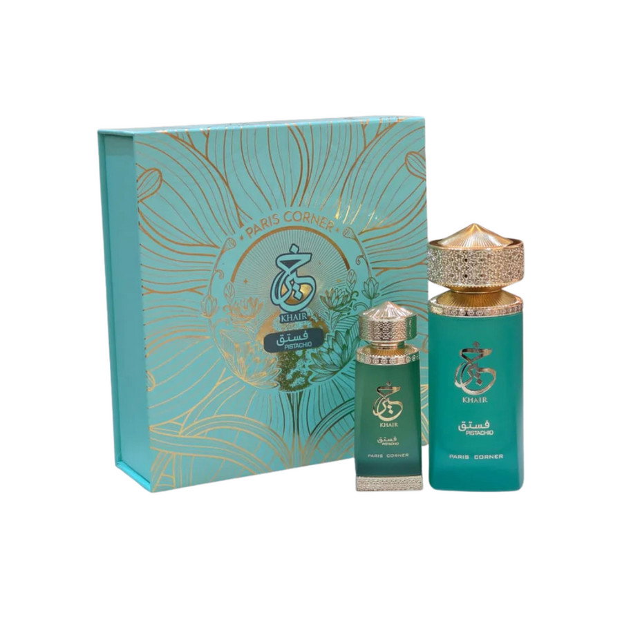 Set Paris Corner: Khair Pistachio, Eau De Parfum, Unisex, 100 ml + Khair Pistachio, Deodorant Spray, For Femei, 200 ml