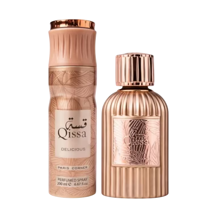 Set Paris Corner: Qissa Delicious, Eau De Parfum, For Femei, 100 ml + Qissa Delicious, Deodorant Spray, For Femei, 200 ml