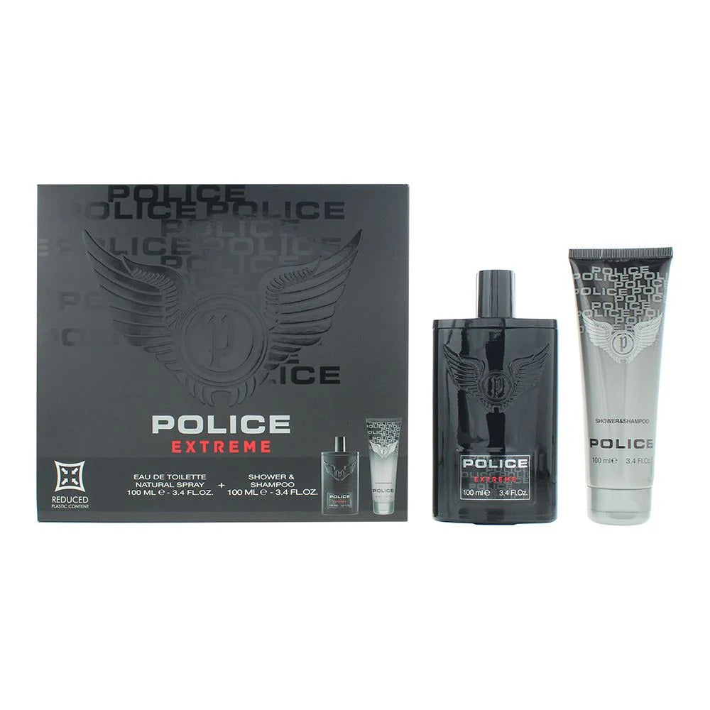 Set Police: Extreme, Apa de toaleta, Barbati, 100 ml + Extreme, Shower Gel & Shampoo 2-In-1, 100 ml