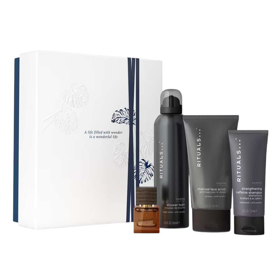 Set Rituals: L'Essentiel, Apa de parfum, Barbati, 50 ml + Homme, Caffeine, Hair Shampoo, For Strengthening, 70 ml + Homme, Charcoal, Eliminates Impurities, Cleansing Scrub, For Face, 125 g + Homme, Invigorating, Shower Mousse, 200 ml